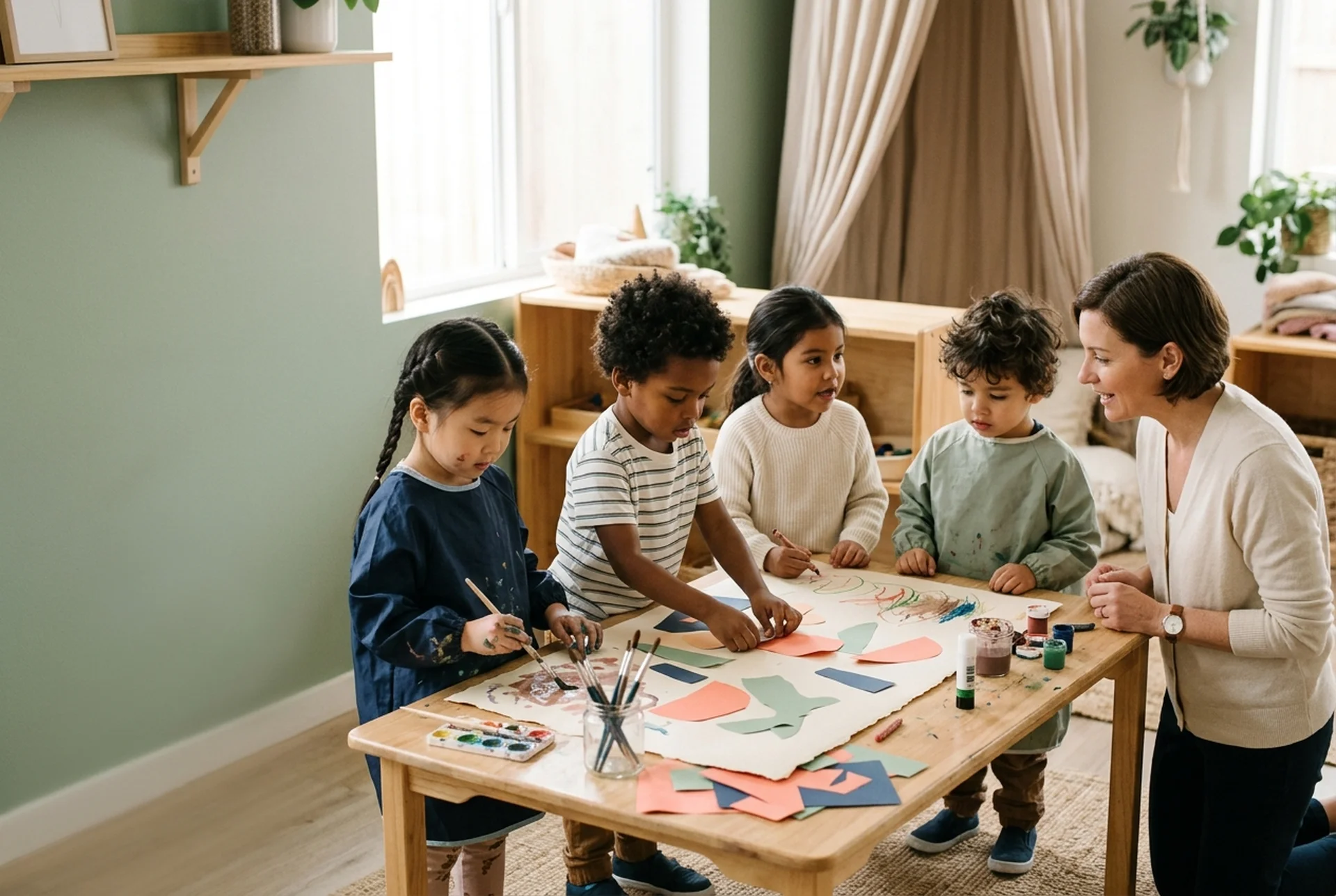 AI-generated illustrative image — Representative preschool scene of children collaborating on a colorful art project with an educator